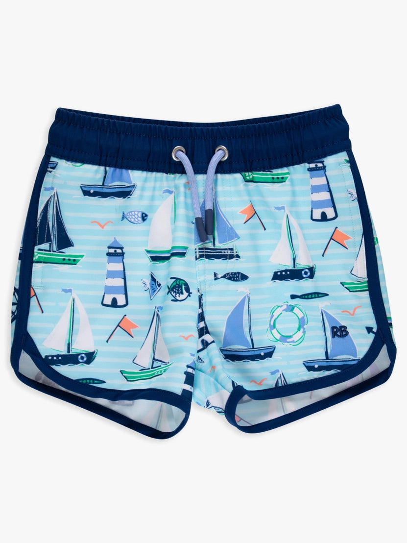 Boys Blue Sweet Sails Performance Hybrid Dolphin Hem Swim Trunks