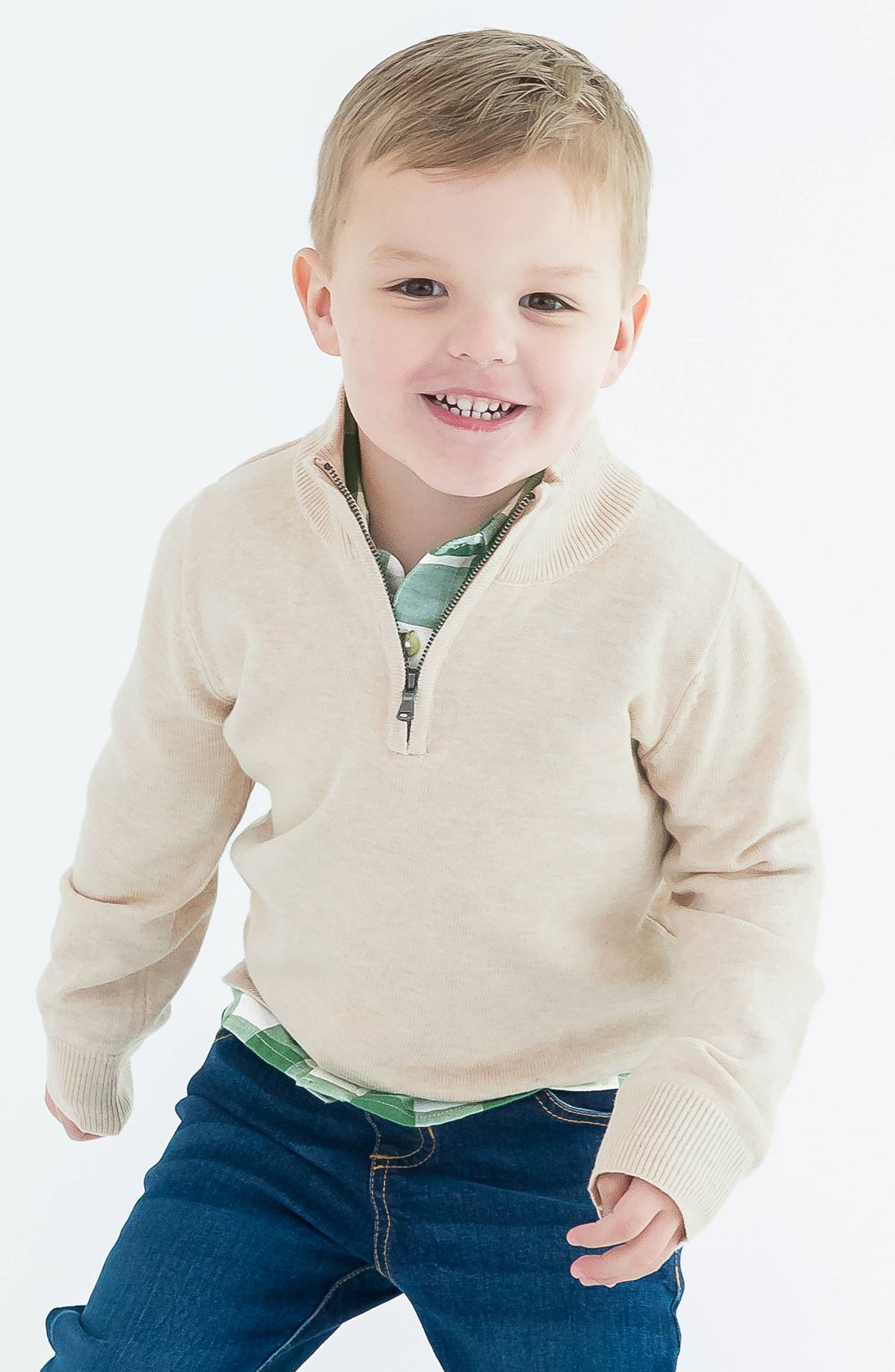 Boys Heather Oatmeal Quarter-Zip Sweater