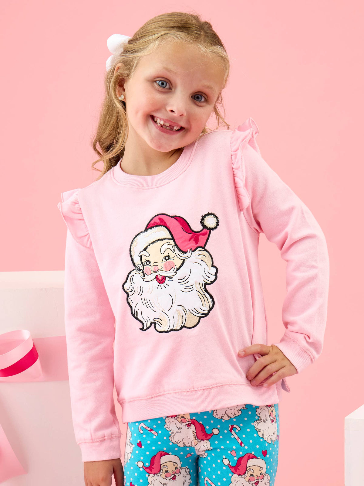 Girls Pink Santa Joy Applique Flutter Sweatshirt