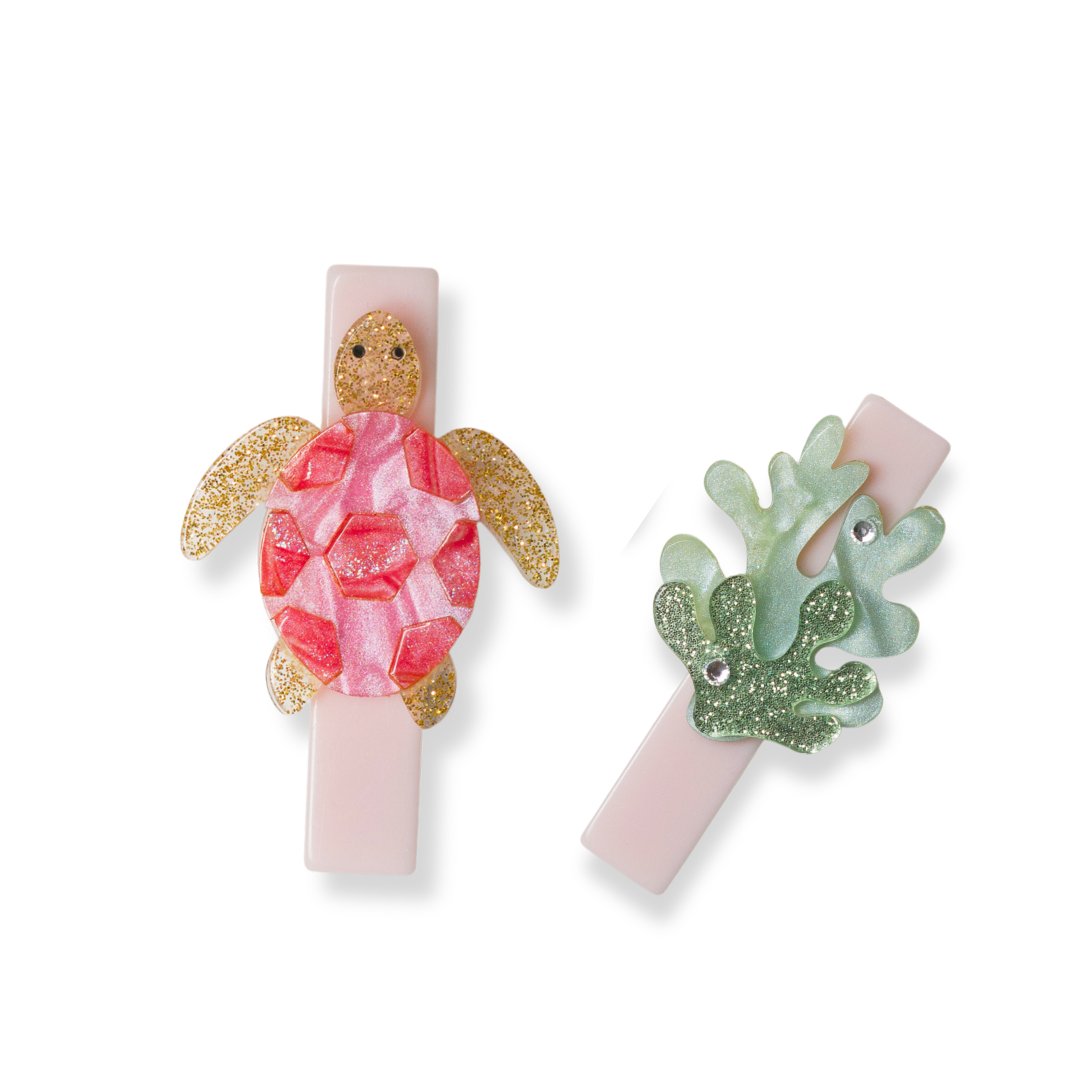 Pink Turtle and Green Coral Hair Clips