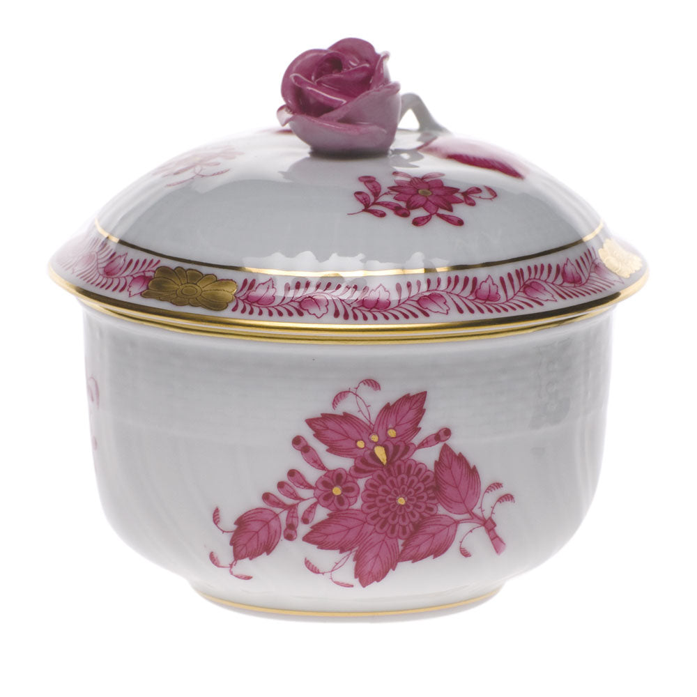 Chinese Bouquet Raspberry Covered Sugar with Rose, Motif 9, 4 oz, 3.25″ tall