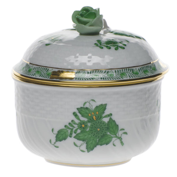 Chinese Bouquet Green Covered Sugar with Rose, Motif 9, 6 oz, 4″ tall