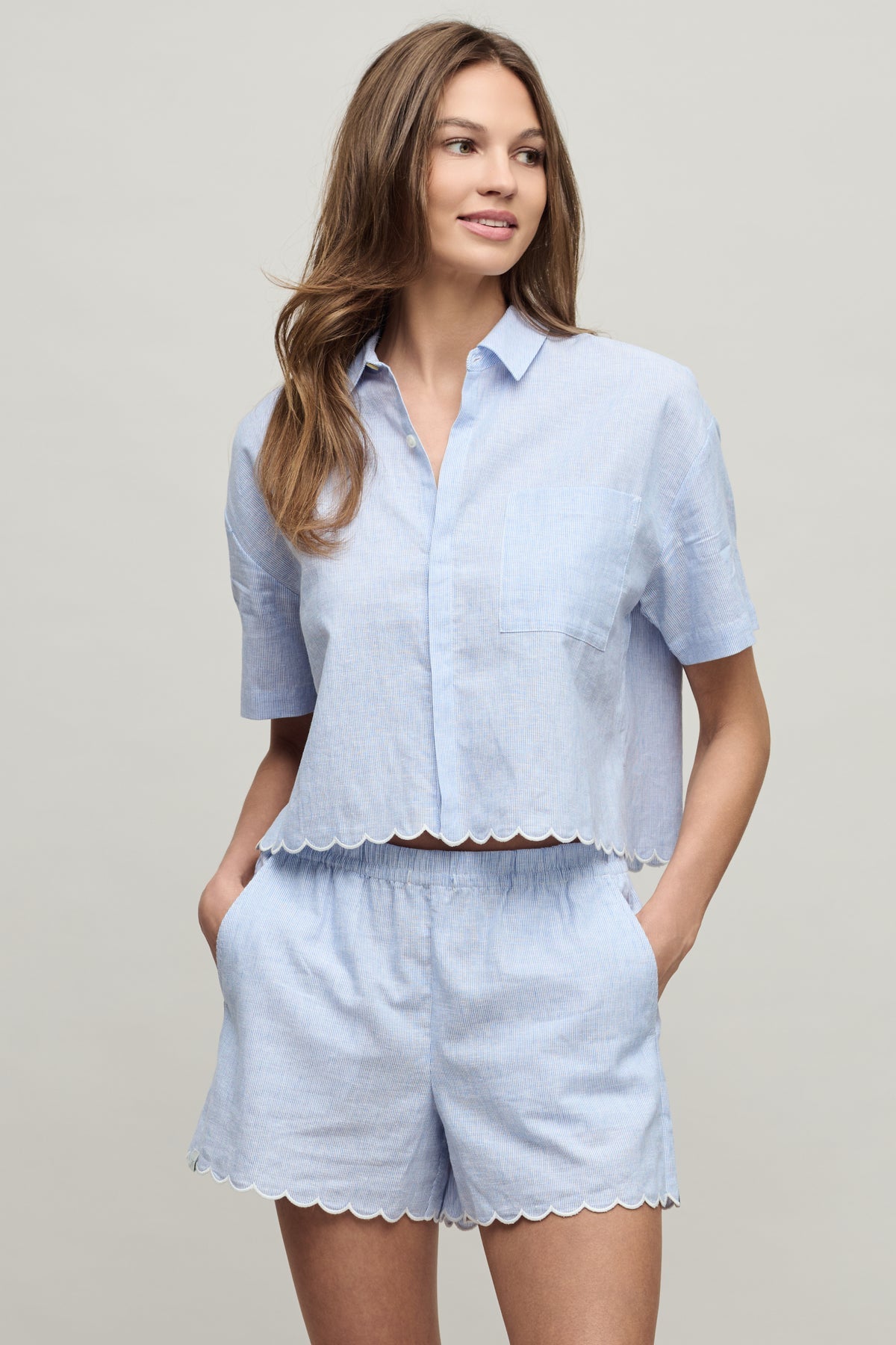 Linen Blend Stripe Shirt with Scallop