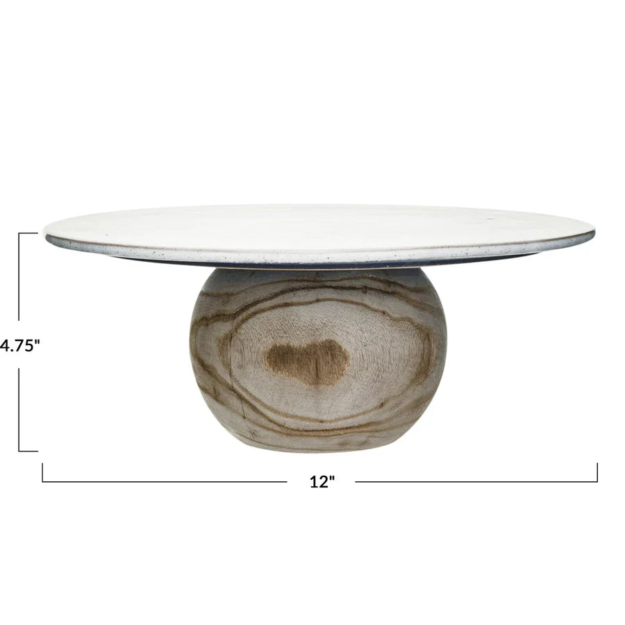 Speckled Stoneware Pedestal with Paulownia Wood Ball Base