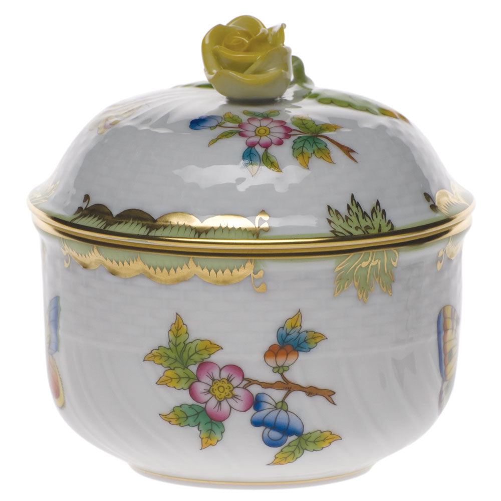 Queen Victoria Green Covered Sugar with Rose, Motif 9, 6 oz, 4″ tall