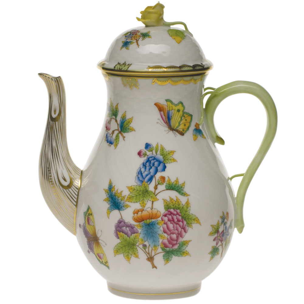 Queen Victoria Green Coffee Pot with Rose, Motif 9, 60 oz, 10″ tall