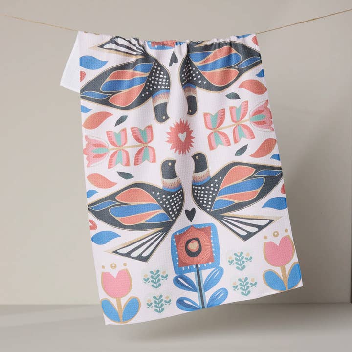 Scandi Lovebirds Tea Towel