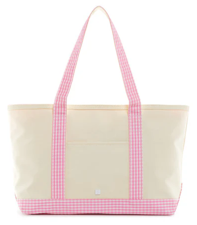 Medium Natural Coated Canvas Tote with Gingham Trim