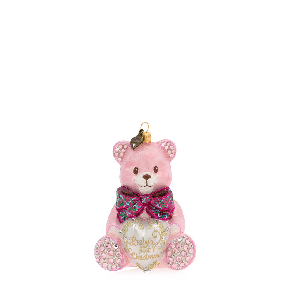 Baby's 1st Christmas Teddy Glass Ornament - Pink