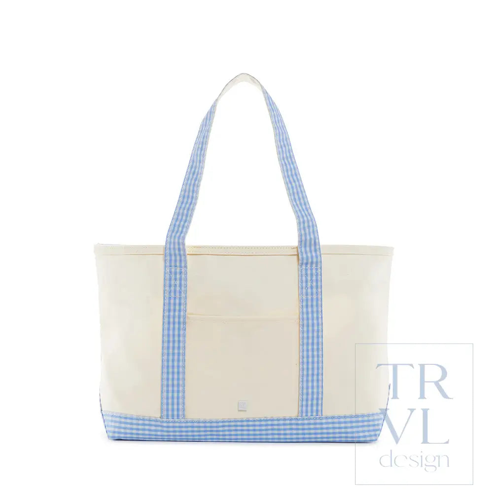 Medium Natural Coated Canvas Tote with Gingham Trim - Sky