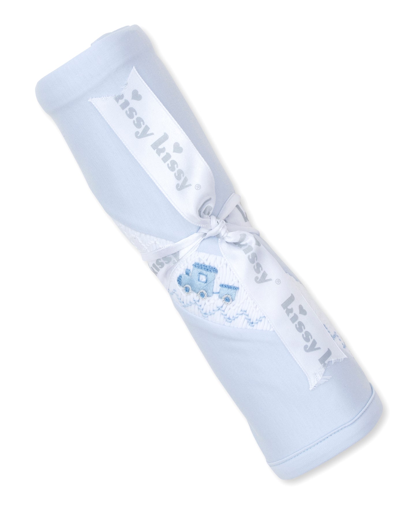 Light Blue Train Hand Embroidered Blanket