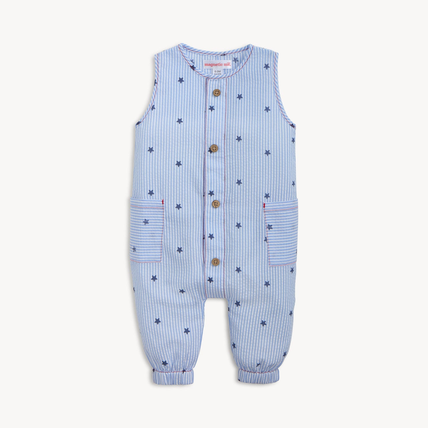 Seersucker Stripe Stars Slvless Pant Romper