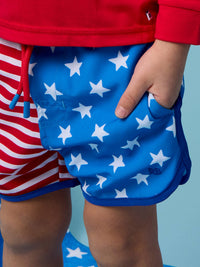 Boys Stars & Stripes Performance Hybrid Dolphin Hem Swim Trunks