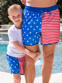 Boys Stars & Stripes Performance Hybrid Dolphin Hem Swim Trunks