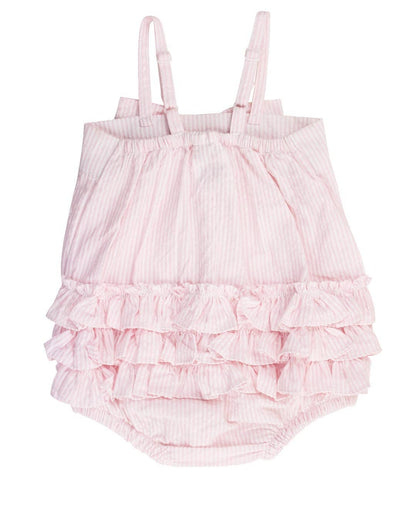 Baby Girls Pink Seersucker Bow Front Bubble Woven Romper