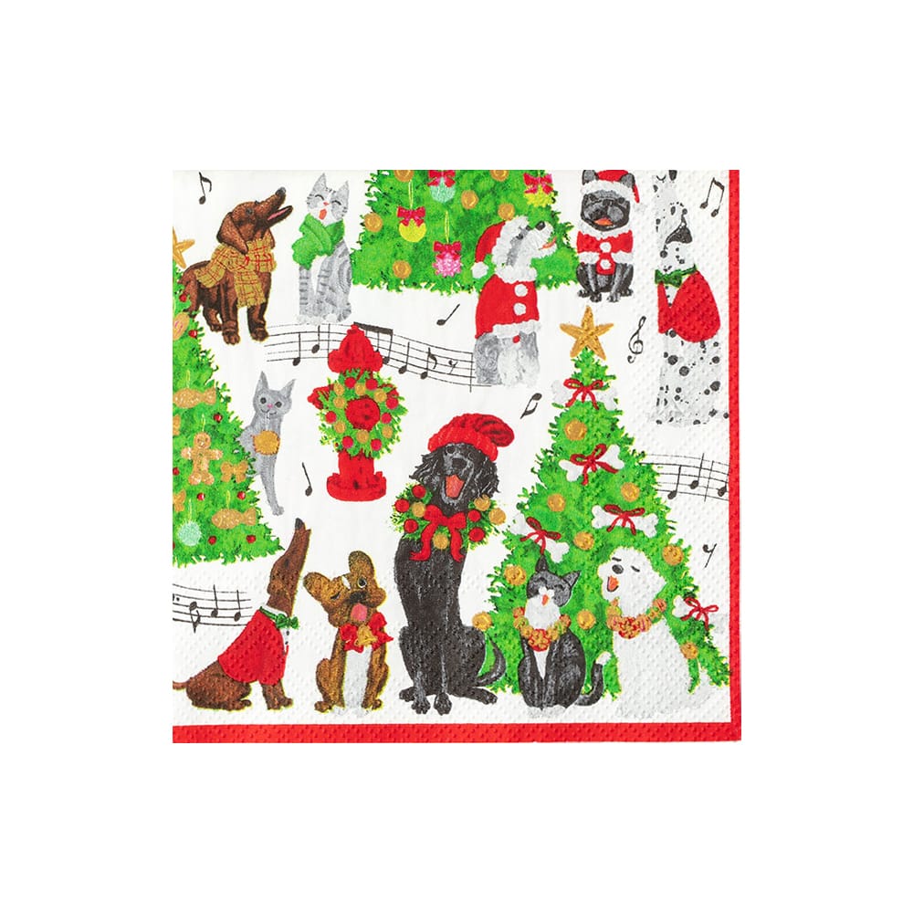 Caspari Caroling Pets Napkin, Cocktail