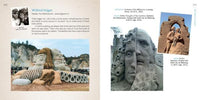 Two pages from "Contemporary Sand Sculpture" by Schiffer Publishing, Ltd. display impressive sand art: one page shows reclining heads and hands with visitors, while the other features a detailed sand face and standing figure.