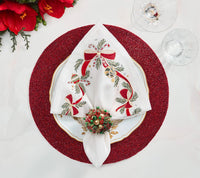 Kim Seybert Tinsel Bow Napkin in White, Red & Green