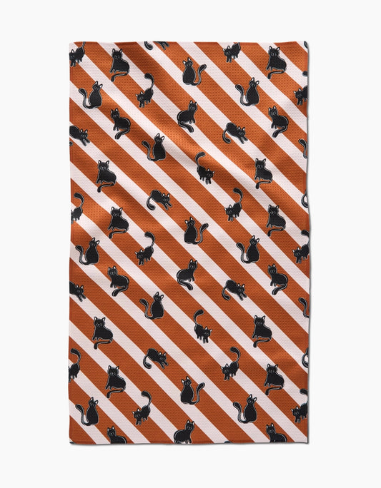 Striped Black Cats Orange Tea Towel