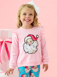 Girls Pink Santa Joy Applique Flutter Sweatshirt