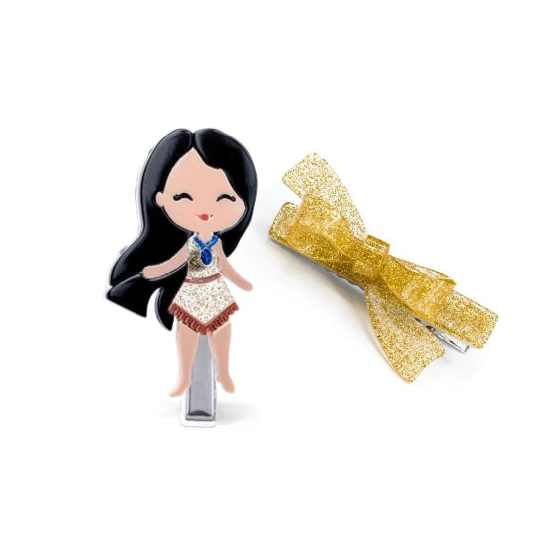 Cute Doll Tan & Gold Glitter Bow Hair Clips