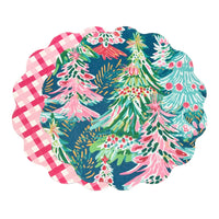 Beatriz Ball VIDA Reversible Round Placemats Set of 4, Holiday Trees and Preppy Plaid - Pink & Green