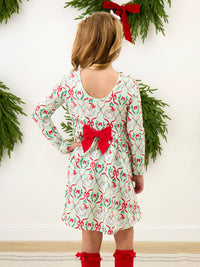 Girls Dear Santa Green Stripe Christmas Knit Long Sleeve Twirl Dress