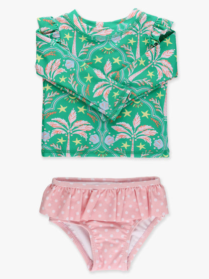 Girls Coconut Cabana Flutter Long Sleeve Rash Guard Skirted 2-Piece Swimsuit