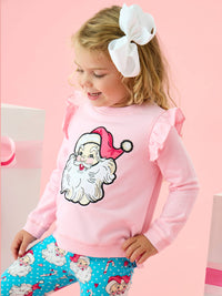 Girls Pink Santa Joy Applique Flutter Sweatshirt