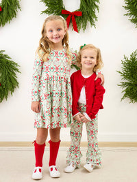 Girls Dear Santa Green Stripe Christmas Knit Long Sleeve Twirl Dress