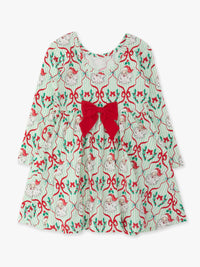 Girls Dear Santa Green Stripe Christmas Knit Long Sleeve Twirl Dress