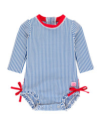 Baby Girls Blue Seersucker Long Sleeve One Piece Rash Guard Swimsuit with Signature Rear Ruffles
