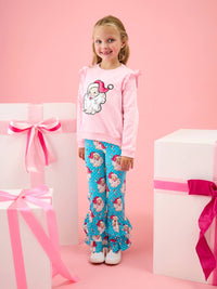 Girls Pink Santa Joy Applique Flutter Sweatshirt