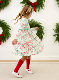 Girls Dear Santa Green Stripe Christmas Knit Long Sleeve Twirl Dress