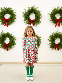 Girls Deck The Halls Christmas Knit Long Sleeve Twirl Dress