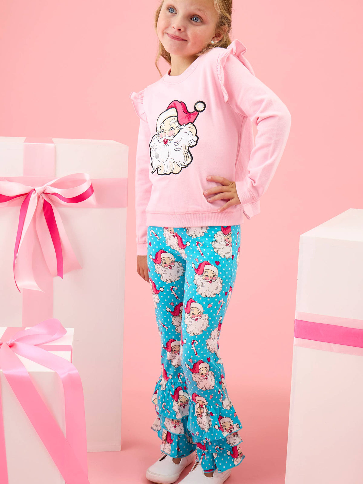 Girls Santa Joy Blue Dots Christmas Ruffle Flare Pants