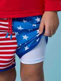 Boys Stars & Stripes Performance Hybrid Dolphin Hem Swim Trunks