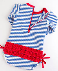 Baby Girls Blue Seersucker Long Sleeve One Piece Rash Guard Swimsuit with Signature Rear Ruffles