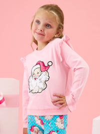 Girls Pink Santa Joy Applique Flutter Sweatshirt