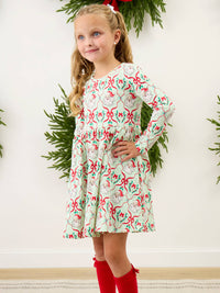 Girls Dear Santa Green Stripe Christmas Knit Long Sleeve Twirl Dress