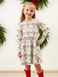 Girls Dear Santa Green Stripe Christmas Knit Long Sleeve Twirl Dress