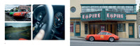 A collage of rare Porsche cars from "Air & Water" by Schiffer Publishing, Ltd. features a speedometer close-up, a blurred steering wheel, and a red Porsche #35 before an old theater with an EMPIRE sign, evoking the Saratoga Automobile Museum.