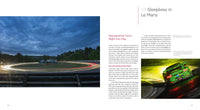 A glowing Formula 1 photography shot adorns the right page, as a race car speeds along a night track with colorful light trails, dramatic sky, and trees—all from "Inside Formula 1" by Schiffer Publishing, Ltd.