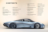 A table of contents appears over a side view of a silver McLaren by Schiffer Publishing, Ltd., featuring a sleek design and large wheels on a beige background. Black, gray, and red text sections are listed above the car.
