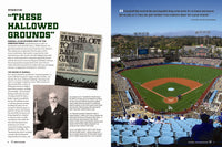 A two-page spread from America's Ballparks by Schiffer Publishing, Ltd.: the left page highlights baseball history with text and vintage photos; the right features a vivid Dodger Stadium scene filled with fans on a sunny day.