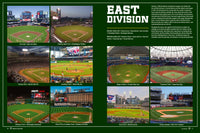 America's Ballparks by Schiffer Publishing, Ltd. features a collage of aerial, field, and grandstand views of eight NL East stadiums with text on a green background celebrating baseball history and iconic ballparks.