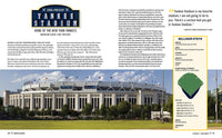 A wide-angle view of Yankee Stadium’s iconic architecture and field, with text blocks on baseball history, stats, and a fan quote—featured in "America's Ballparks" by Schiffer Publishing, Ltd., celebrating legendary U.S. ballparks.