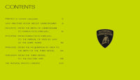 Table of contents for "Automobili Lamborghini Special Edition" by Schiffer Publishing, Ltd. on a vivid yellow-green background, featuring sections on Lamborghini’s history and luxury sportscars, with the iconic logo displayed on the right.