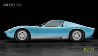 Side view of a light blue Automobili Lamborghini Special Edition by Schiffer Publishing, Ltd. against a black background, with "MIURA SV" in the top left and "1971" in yellow in the bottom right corner.