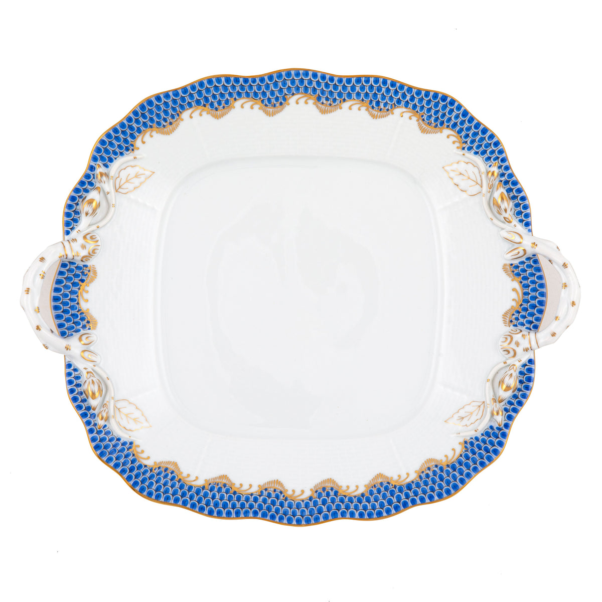 Fish Scale Blue Square Cake Plate with Handles